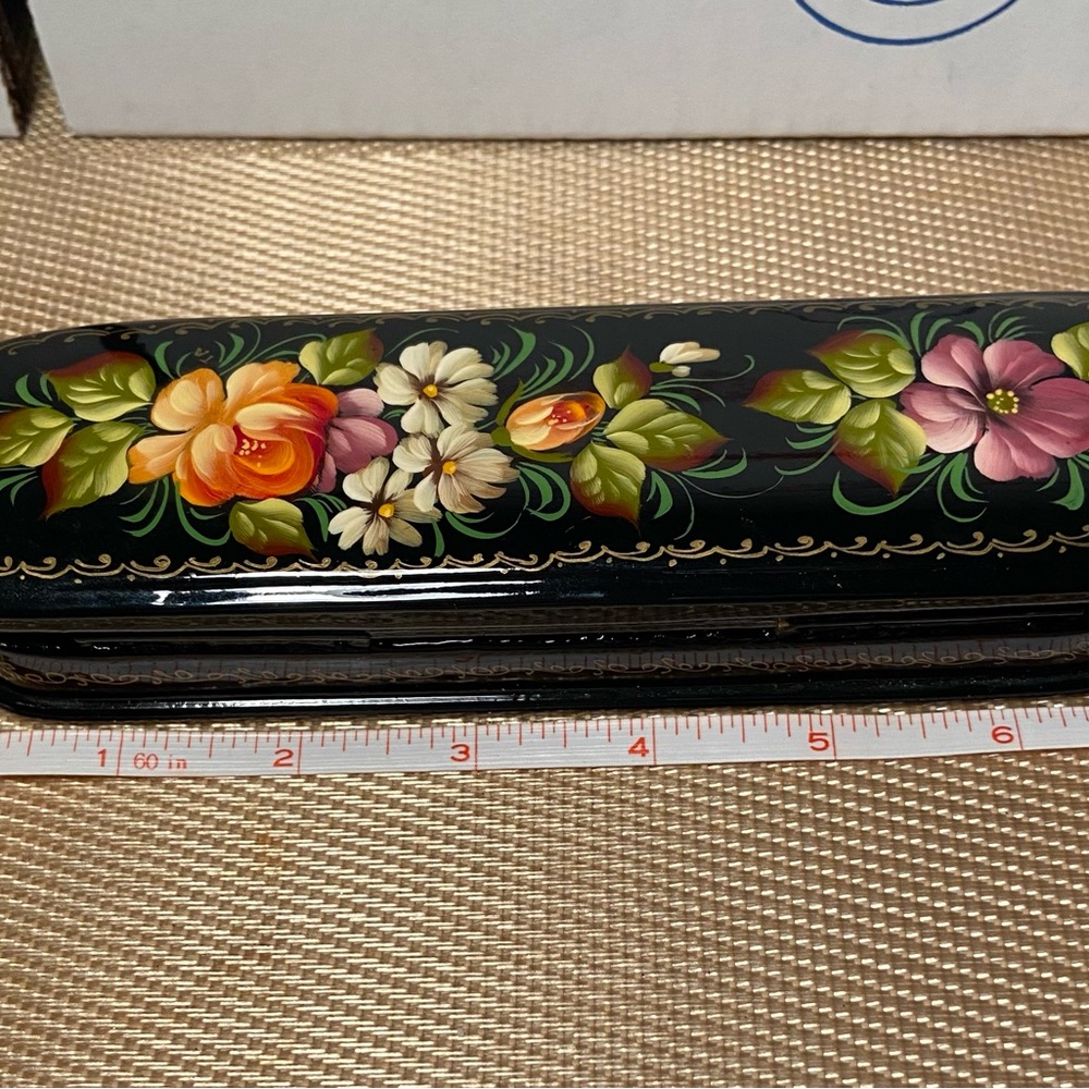 2 Vintage Hand Painted Lacquer trinket boxes, 1 Russian Hinged Box, 1 Metal Box
